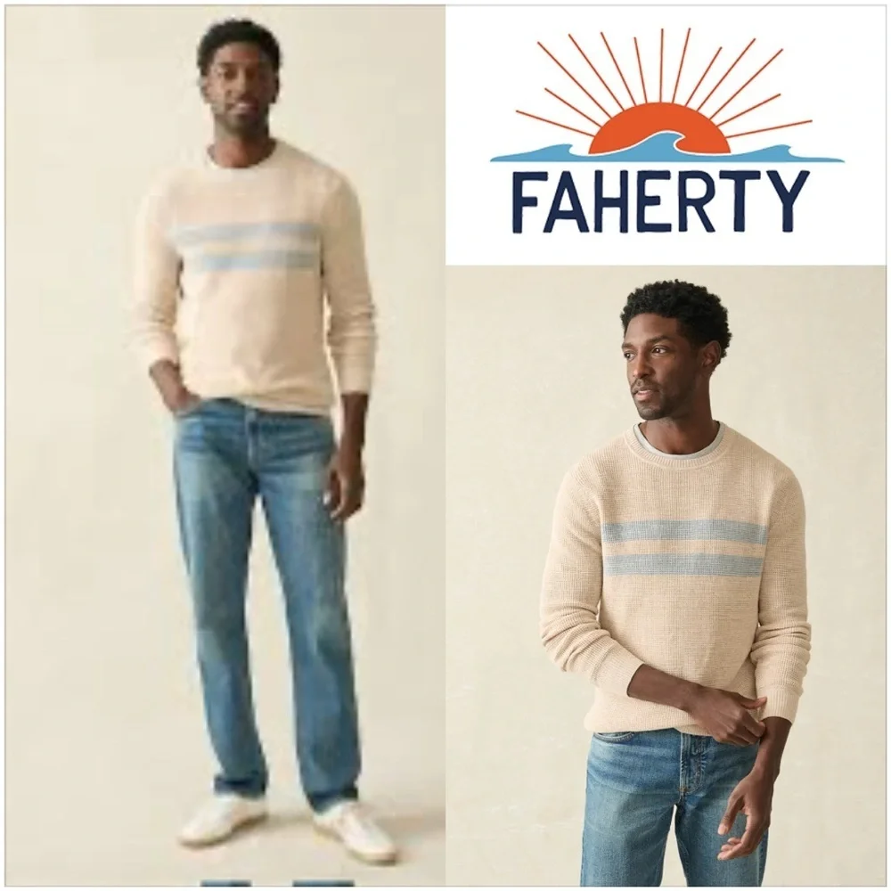 Faherty Sunwashed Crewneck Sweater - Dune Natural Surf Stripe. Size XXL NWOT